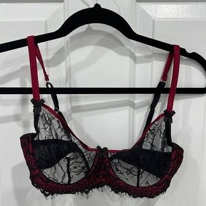 Mimi Holliday sheer lace lingerie bra. Red satin and black lace. 34B